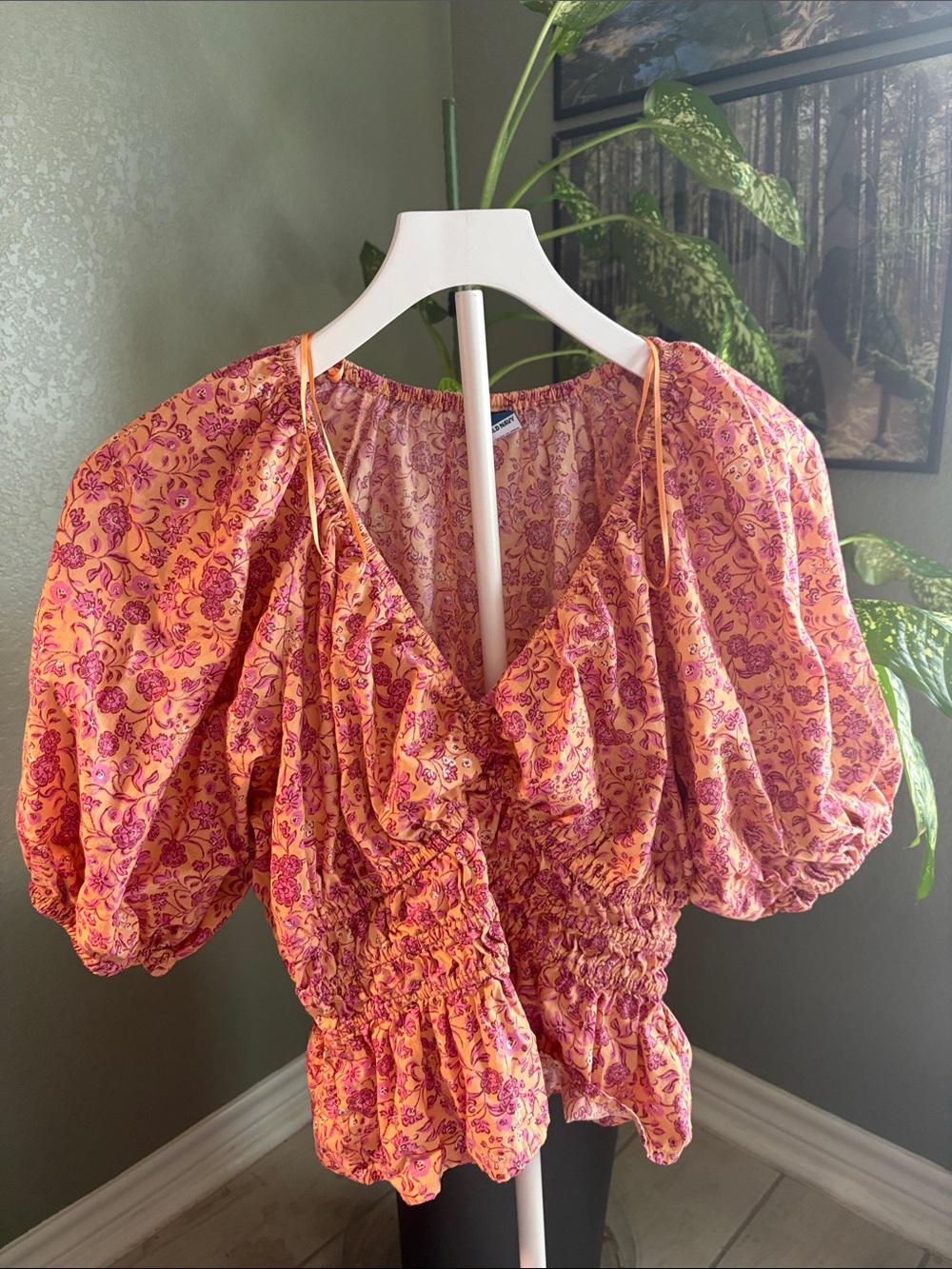 Old Navy Pink and Orange Floral Puff-Sleeve Smocked Blouse